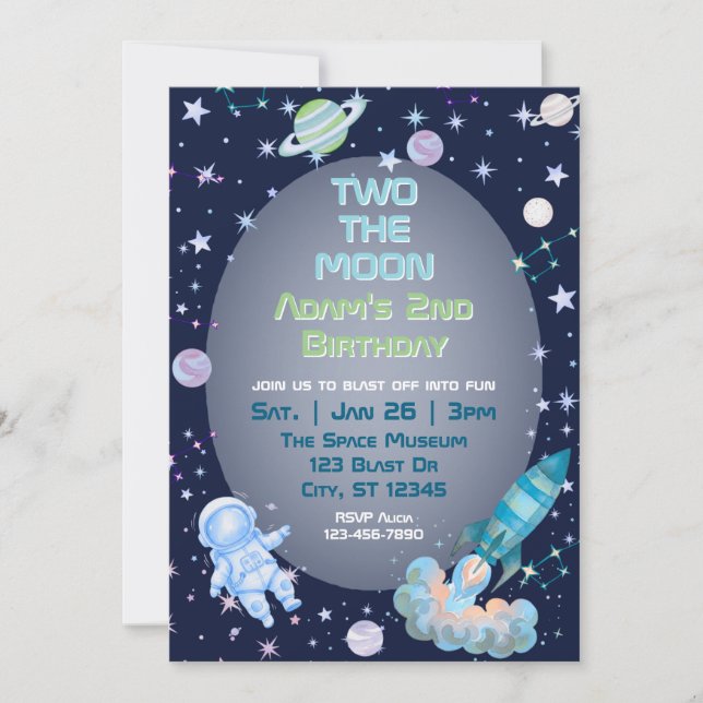 Two The Moon, Blue Green Space 2nd Birthday  Inbjudningar (Framsida)