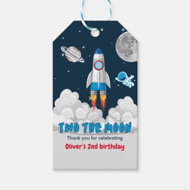 Two The Moon Boy Space Rocket 2nd Birthday Presentetikett (Framsidan)