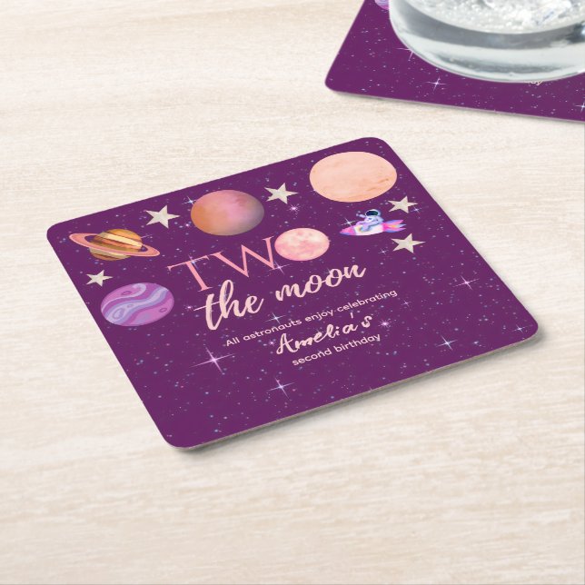 Two The Moon Girl Space Pink Planets 2nd Bday Underlägg Papper Kvadrat (Vinklad)