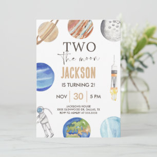 Two The Moon Modern Rymd 2-års Födelsedagsdekora Inbjudningar
