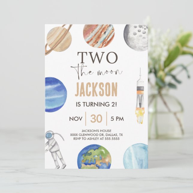 Two The Moon | Modern Rymd 2-års Födelsedagsdekora Inbjudningar (Stående Fram)