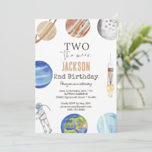 Two The Moon Modern Rymd 2-års Födelsedagsdekora Inbjudningar