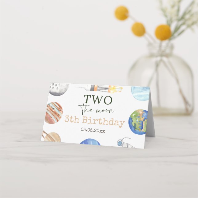 Two The Moon | Modern Rymd 2-års Födelsedagsdekora Placeringskort (Baksida)