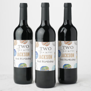 Two The Moon Modern Rymd 2-års Födelsedagsdekora Vinflaska Etikett