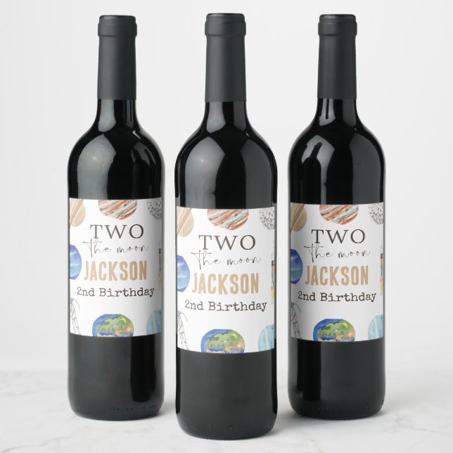 Two The Moon | Modern Rymd 2-års Födelsedagsdekora Vinflaska Etikett (Flaskor)