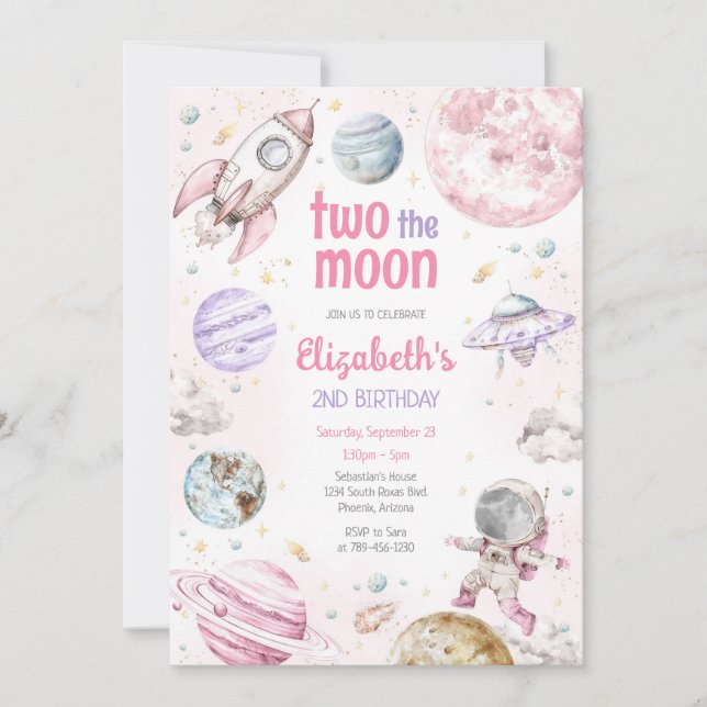 Two The Moon Outer Space Astronaut 2nd Birthday Inbjudningar (Framsida)