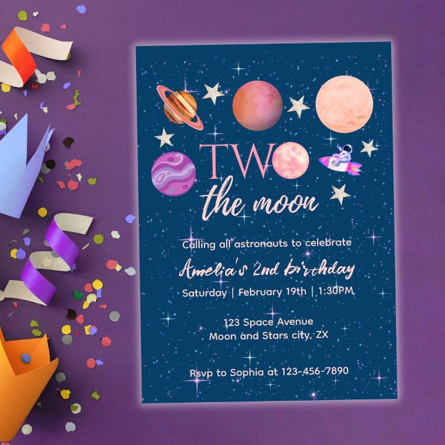 Two The Moon  Outer Space Ship Planets 2nd Bday Inbjudningar (Skapare uppladdad)