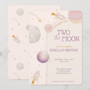 Two the Moon Pink Girl Planets Stjärnor 2-årsdag Inbjudningar