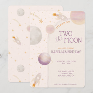 Two the Moon Pink Girl Planets Stjärnor 2-årsdag Inbjudningar