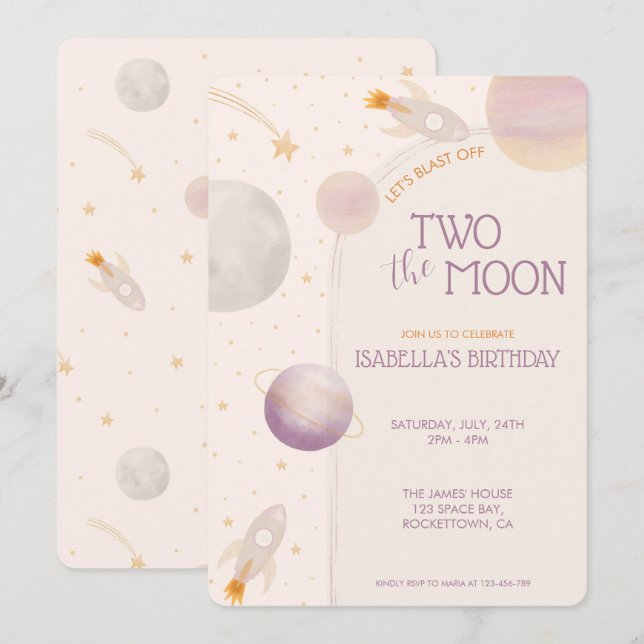 Two the Moon Pink Girl Planets Stjärnor 2-årsdag Inbjudningar (Fram/baksida)