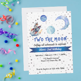 Two The Moon Rocket Space Blue Boy 2nd Birthday  Inbjudningar