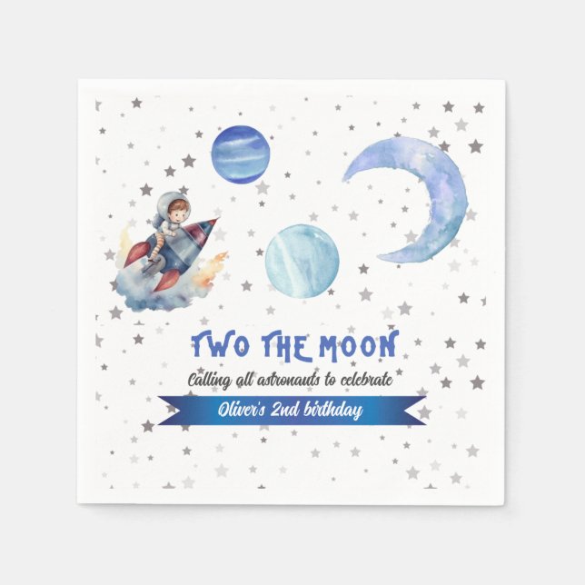 Two The Moon Rocket Space Blue Boy 2nd Birthday  Pappersservett (Framsidan)