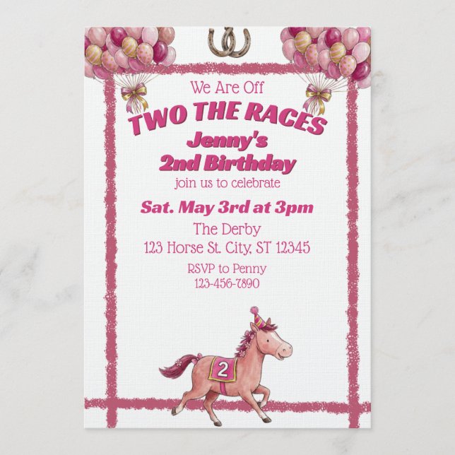 Two The Races, Pink Horse 2nd Birthday Inbjudningar (Framsida)