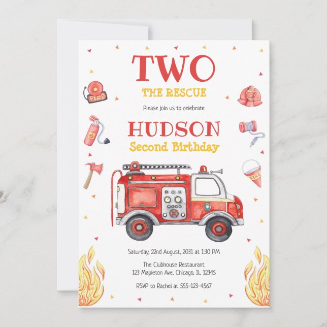 Two the Rescue Firetruck 2nd Birthday Invitation Inbjudningar (Framsida)