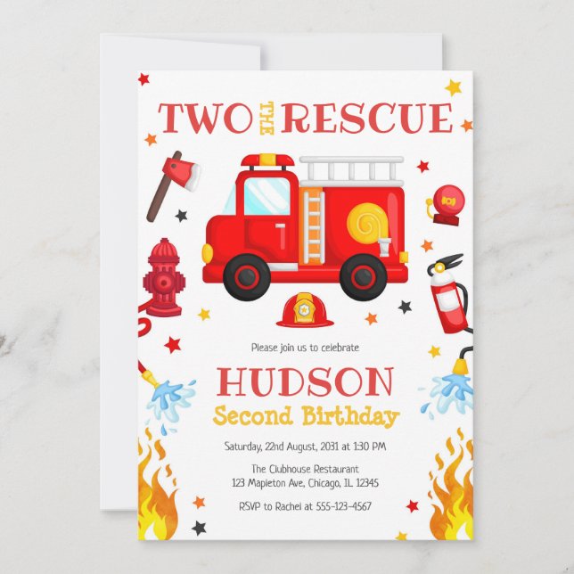 Two the Rescue Firetruck 2nd Birthday Invitation Inbjudningar (Framsida)