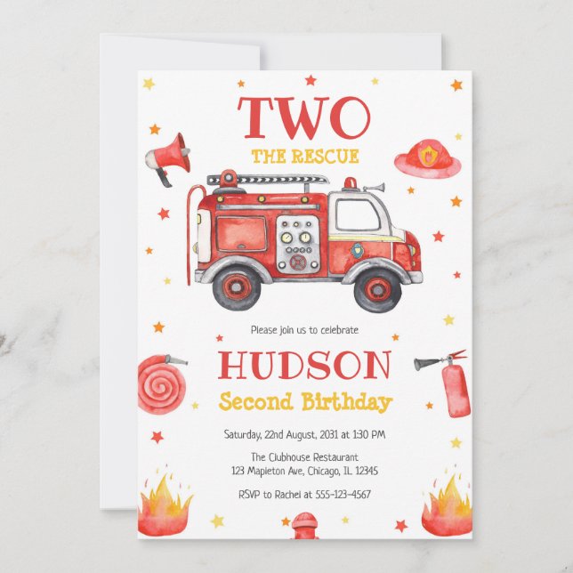 Two the Rescue Firetruck 2nd Birthday Invitation Inbjudningar (Framsida)