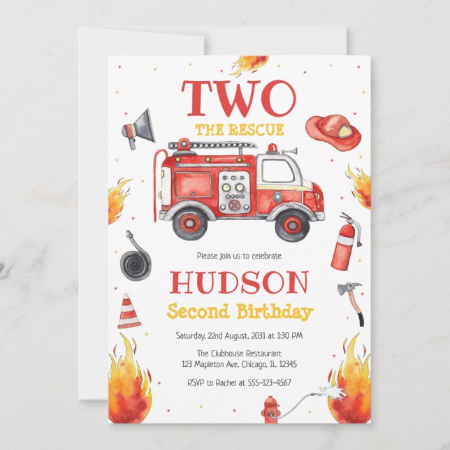 Two the Rescue Firetruck 2nd Birthday Invitation Inbjudningar (Framsida)