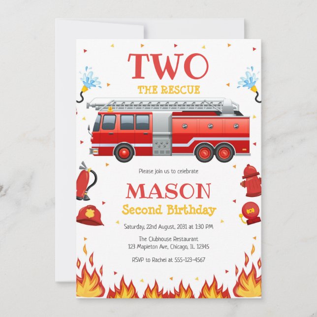 Two the Rescue Firetruck 2nd Birthday Invitation Inbjudningar (Framsida)