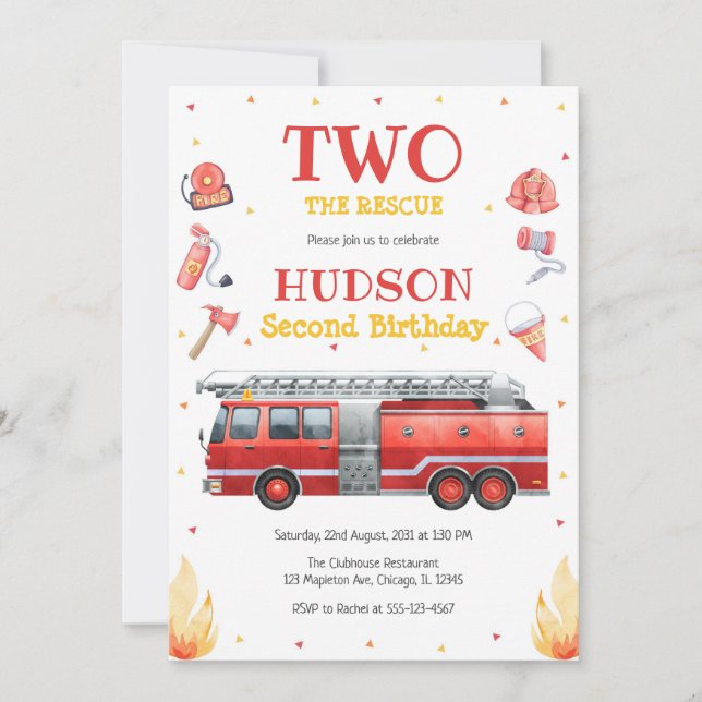 Two the Rescue Firetruck 2nd Birthday Invitation Inbjudningar (Framsida)