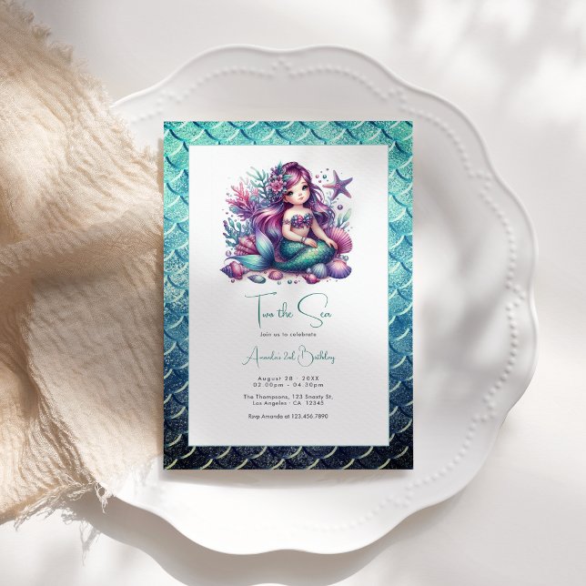 “Two the Sea” Havsfrus 2-års födelsedagsfest Inbjudningar (“Two the Sea” Mermaid 2nd Birthday Party Invitation)