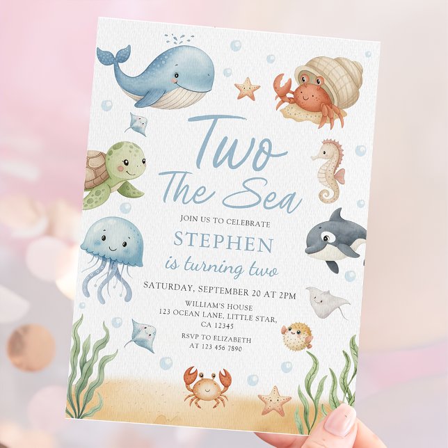 Two The Sea Is Turning Two Ocean Animals Birthday Inbjudningar (Skapare uppladdad)