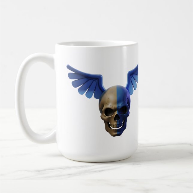 Two-Toned Skull with Blue Stylized Wings Kaffemugg (Vänster)