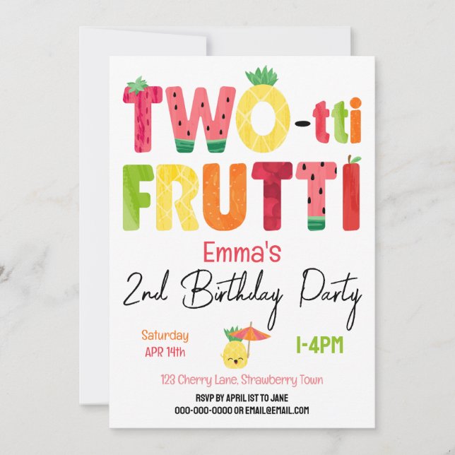 TWO-tti Frutti Cuties 2:a födelsedagen Tropical Fr Inbjudningar (Framsida)