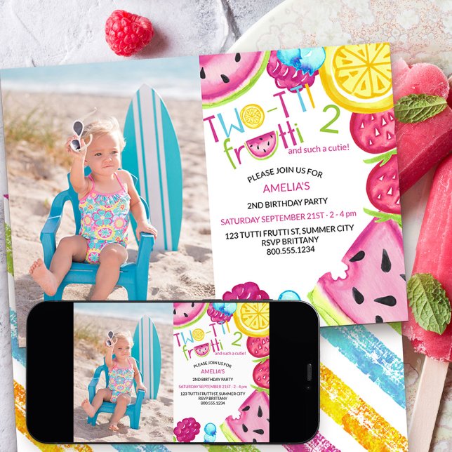 TWO-tti Frutti Så söt Fotografi 2-års födelsedag Inbjudningar (Two-tti frutti 2nd birthday invitation with photo)