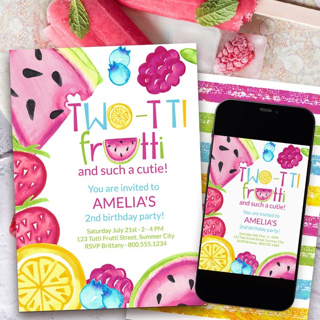 TWO-tti Frutti sådan Cutie-sommarfruktsdag Inbjudningar (Two-tti frutti such a cutie 2nd birthday invitation)