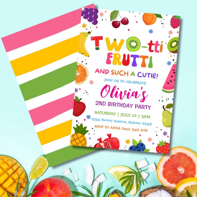 Two-tti Frutti Such a Cutie, 2:a Frukter Sommar  Inbjudningar (Cute Twotti Frutti 2nd birthday invitation with colorful fruit and summer party theme.)