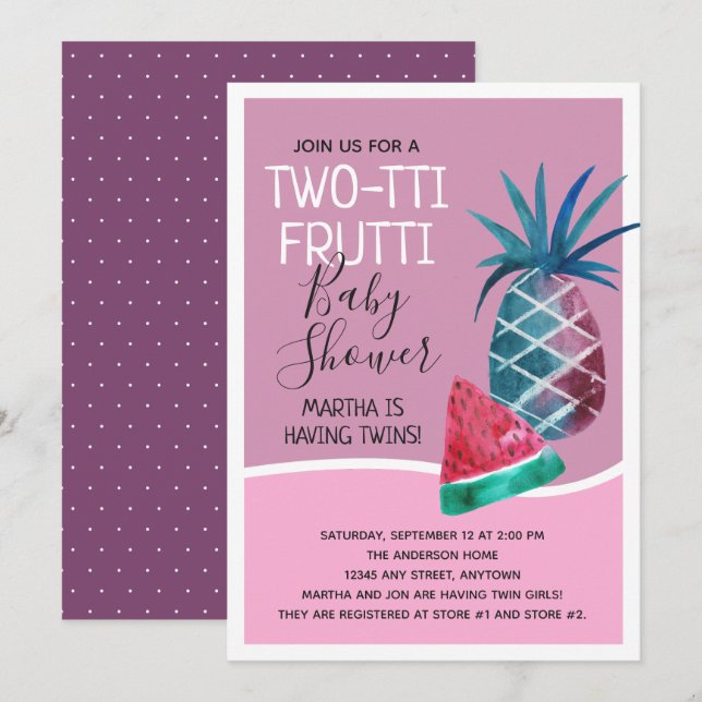 Two-tti Frutti tvilling- flickababy shower Inbjudningar (Fram/baksida)