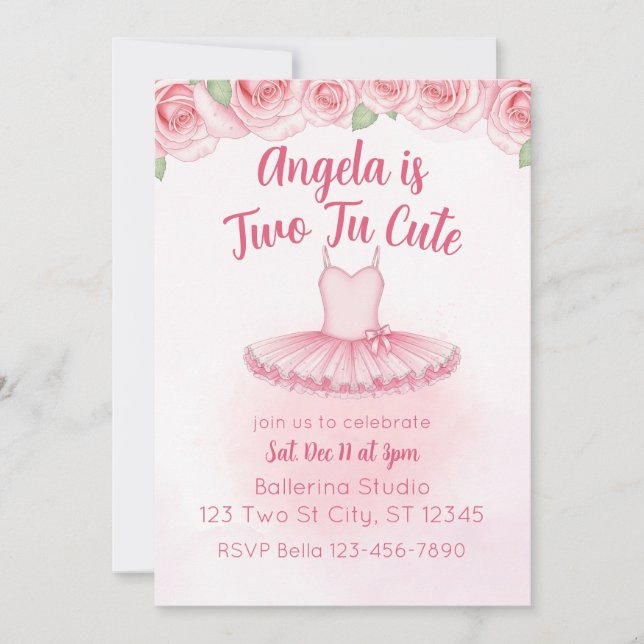 Two Tu Cute, Ballerina 2nd Birthday Inbjudningar (Framsida)