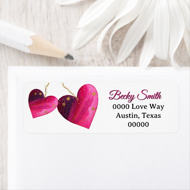 Two Valentines Day Hearts in Pink and Purple Returadress Etikett (Insitu)
