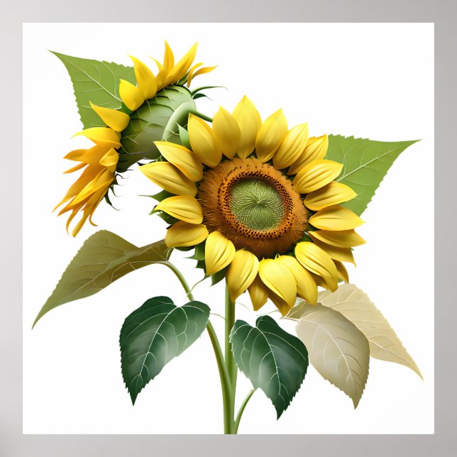 Two Vibrant Sunflowers with Lush Green Leaves Poster (Framsidan)