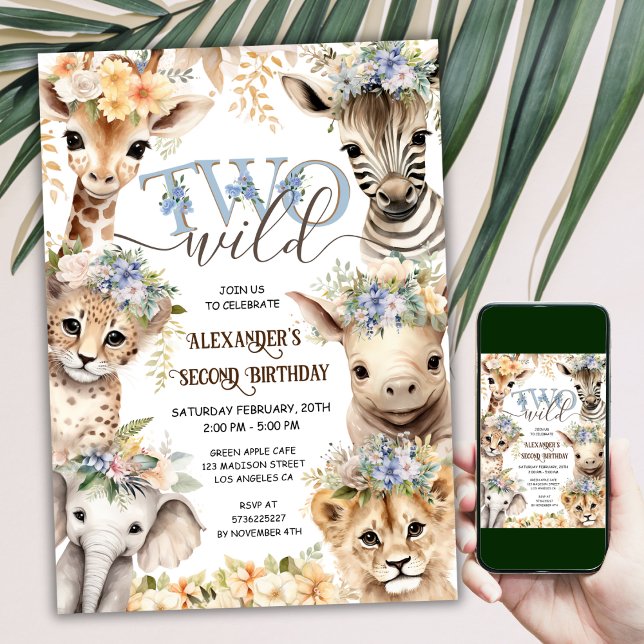 TWO Vild Safari Animals Boy 2 Birthday Inbjudningar (Skapare uppladdad)