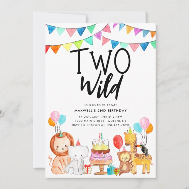 TWO VILD Safari Party Animals Kids 2:a födelsedage Inbjudningar (Framsida)