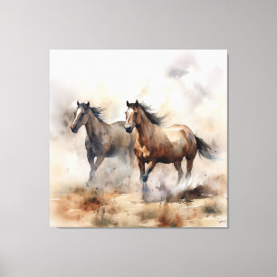 “Two Wild Mustangs ” Dammig västerländsk akvarell Canvastryck
