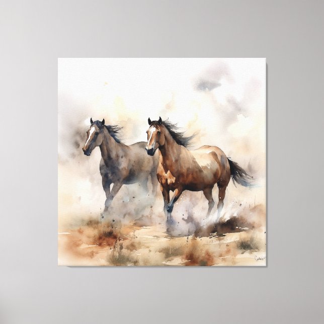 “Two Wild Mustangs ” Dammig västerländsk akvarell Canvastryck (Framsida)