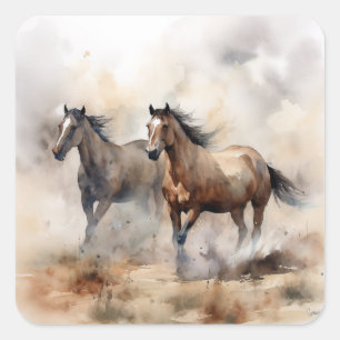 “Two Wild Mustangs ” Dammig västerländsk akvarell Fyrkantigt Klistermärke