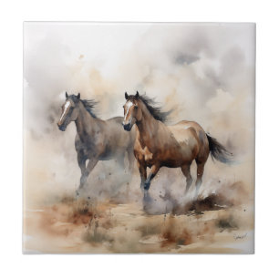 “Two Wild Mustangs ” Dammig västerländsk akvarell Kakelplatta