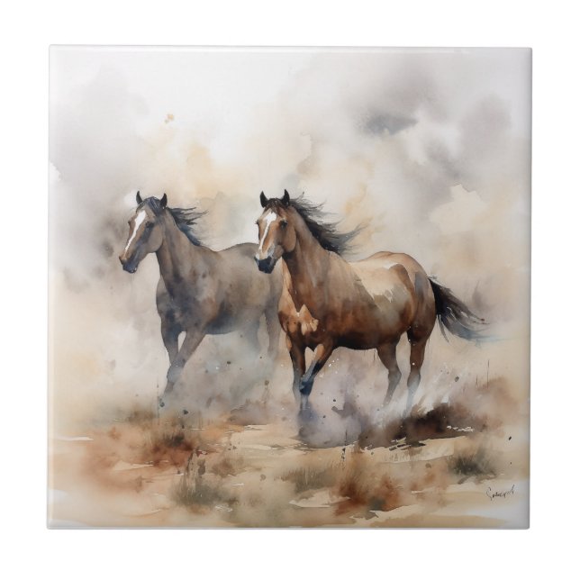 “Two Wild Mustangs ” Dammig västerländsk akvarell Kakelplatta (Framsidan)