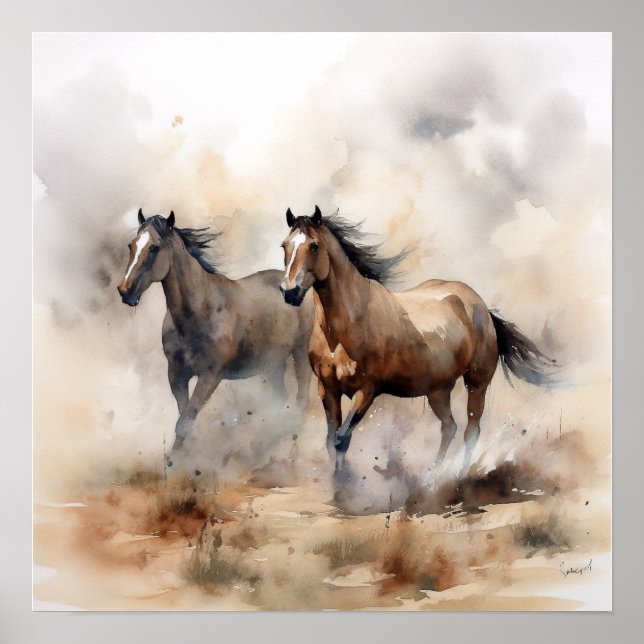 “Two Wild Mustangs ” Dammig västerländsk akvarell Poster (Framsidan)