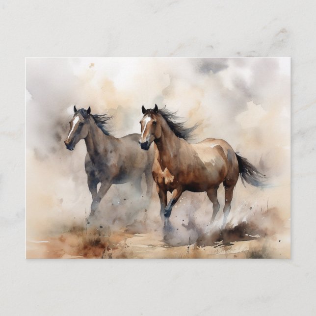 “Two Wild Mustangs ” Dammig västerländsk akvarell Vykort (Framsida)