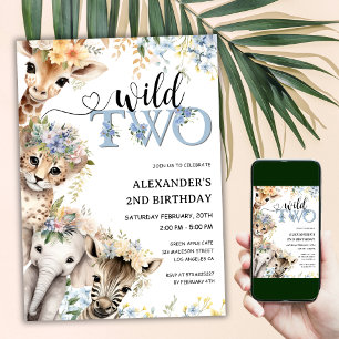 Two Wild Pojke Safari Djungel 2-års födelsedag Inbjudningar