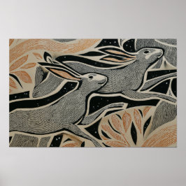 Two wild rabbits with woodcut textures poster