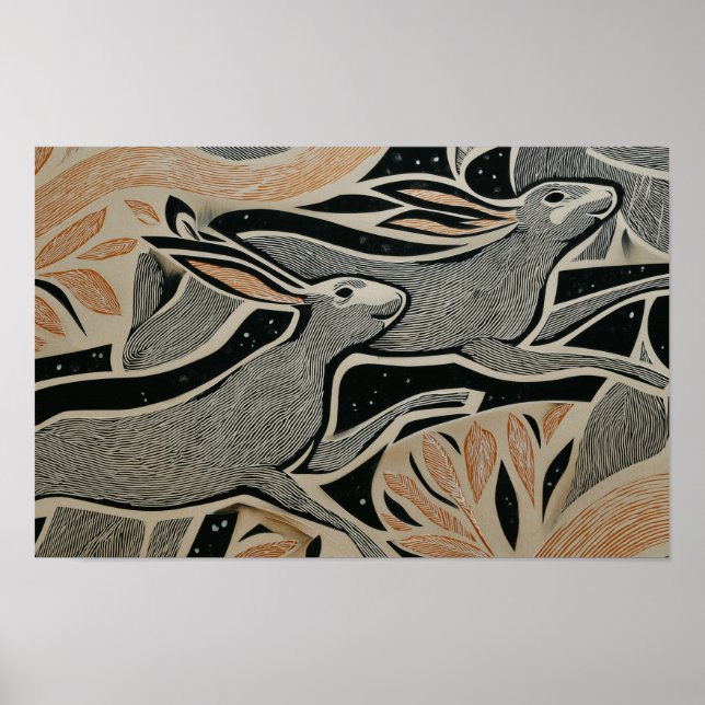 Two wild rabbits with woodcut textures poster (Framsidan)