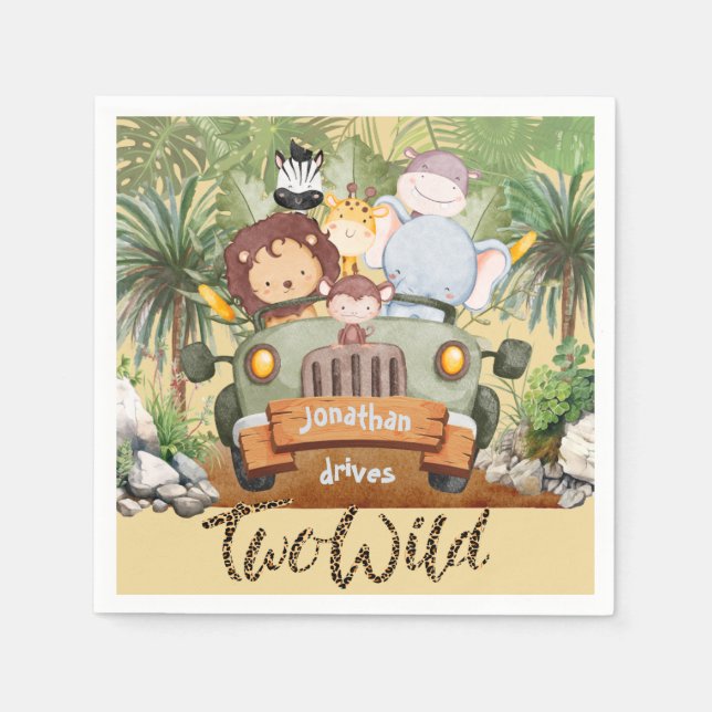 Two Wild Safari Animals Driving Car 2nd Birthday  Pappersservett (Framsidan)