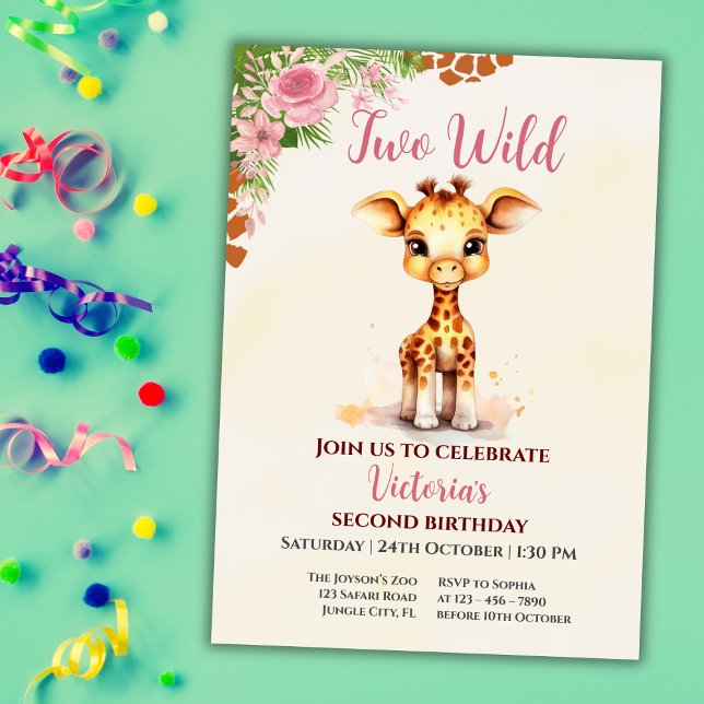 Two Wild Safari Cute Giraf Girl 2nd Birthday Inbjudningar (Skapare uppladdad)