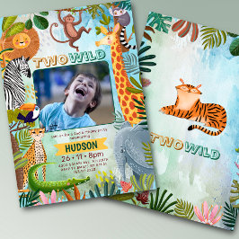 Two wild safari jungle animals boy birthday photo inbjudningar