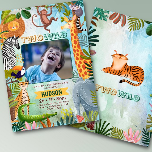 Two wild safari jungle animals boy birthday photo inbjudningar (Skapare uppladdad)